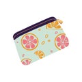 Small toiletry bag with fruit print. Patterned makeup pouch. Cosmetics case is closed on zipper for skincare, bodycare