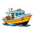 Small tourist excursion boat. Motor boat for divers or fishermen. Cartoon vector illustration. label, sticker, t-shirt printing Royalty Free Stock Photo