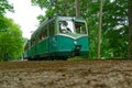 Small tourist green train in forest. Miniature narrow gauge train near big trees.