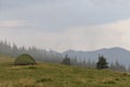 Small tourist tent on grassy mountain hill. Summer camping in mountains at dawn. Tourism concept Royalty Free Stock Photo