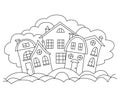 Small town coloring book. Cute Contour Houses vector Coloring page for adults and children.