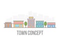 Small town concept. Linear color cityscape. Street with hotel, garage, boutique and cafe. City in flat style isolated on