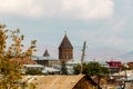 Small town Gyumri, Armenia. View for the dome of the church against the backdrop of the mountains