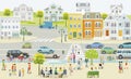 Small town with houses and traffic, pedestrians in the suburb - illustration
