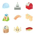 Small town icons set, cartoon style