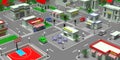 Small town isometric plan, downtown city blocks and streets, 3d illustration