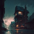 Small town in rainy evening digital illustration