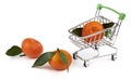 Small toy cart for groceries from the supermarket and three tangerines with green leaves Royalty Free Stock Photo