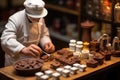 Small toy chocolatier making chocolates