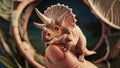 A small toy dinosaur is sitting on a finger of someone& x27;s hand, AI Royalty Free Stock Photo