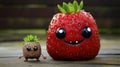 A small toy is next to a big strawberry. Generative AI image.