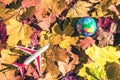 Small toy plane and globe Earth on the colorful autumn maple leaves background in the forest. Travel concept. Royalty Free Stock Photo