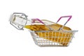 small toy shopping cart for supermarket groceries with bottle of olive oil isolated