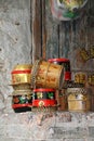 Small toylike Chinese drums displayed in the workshop of their manufacturer