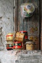 Small toylike Chinese drums displayed in the workshop of their manufacturer