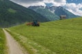 Small tractor cuts fresh grass on the picturesque alpine meadow Royalty Free Stock Photo