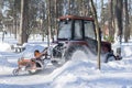 a small tractor with a rotating brush clears a wide road in the city park from the fresh fallen snow on a clear cold winter day. T Royalty Free Stock Photo