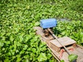 Small traditional wooden boat surrounded by water hyacinth in countryside pond in Thailand Royalty Free Stock Photo