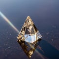 A small transparent glass pyramid rests on a reflective surface Royalty Free Stock Photo