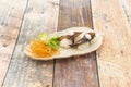 Small tray with pieces of smoked eel nigiri sushi with mayonnaise Royalty Free Stock Photo