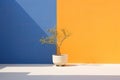 small tree against a yellow-blue wall, Mediterranean theme Modern minimalistic mockup with empty space