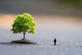 Small Tree, Big Dreams. Miniature Figure Stands Before a Tiny Tree Growing From a Patch of Soil. Royalty Free Stock Photo
