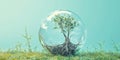 Small tree enclosed in a transparent sphere on grass with clear sky background Royalty Free Stock Photo