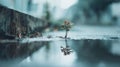 Small tree growing from water puddle reflecting in blurred water Royalty Free Stock Photo