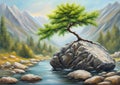 a small tree grows on a rock in the middle of a stream, on canvas, granite, mountainous wild nature, mountain lake