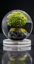 A miniature tree inside a glass dome sitting on a clear acrylic base with black background reflection Royalty Free Stock Photo