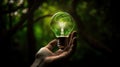 A small tree planted in an energy-saving light bulb, holding by a hand, green energy. Generative AI Royalty Free Stock Photo