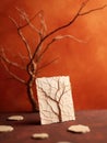 Small tree, which is made of paper or cardboard. It sits on top of table with other items nearby, such as pebbles and