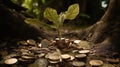 Small trees growing from coin stacks on the ground