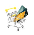 Small trolley with credit cards on white background. Internet shopping concept