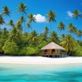 Small tropical island with hut and palms surrounded sea blue