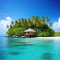 Small tropical island with hut and palms surrounded sea blue