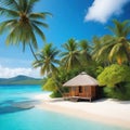 Small tropical island with hut and palms surrounded sea blue