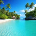 Small tropical island with hut and palms surrounded sea blue