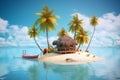 Small tropical island with palm and hut surrounded sea blue water, generative AI Royalty Free Stock Photo