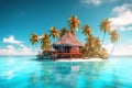 Small tropical island with palms and hut surrounded sea blue water, generative AI