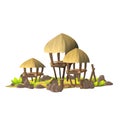 Small tropical island with simple shacks, wooden houses with thatched roofs. Island with the village of savages on a
