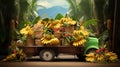 a small truck carrying golden ripe bananas, artfully arranged and waiting to hit the road