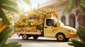 a small truck carrying golden ripe bananas, artfully arranged and waiting to hit the road