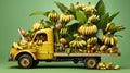 a small truck carrying golden ripe bananas, artfully arranged and waiting to hit the road