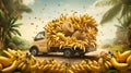 a small truck carrying golden ripe bananas, artfully arranged and waiting to hit the road