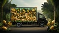 a small truck carrying golden ripe bananas, artfully arranged and waiting to hit the road