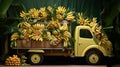 a small truck carrying golden ripe bananas, artfully arranged and waiting to hit the road