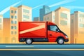 small truck delivery concept running quick speed, flat design, solid building background, Generated AI