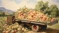 a small truck filled with plump, juicy peaches, meticulously arranged for transport.