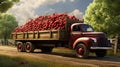 a small truck loaded with glossy, dark cherries, carefully stacked for transport.